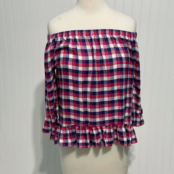 Jane & Delancey Blouse Picnic Pleasant Plaid Off The Shoulder Top Red Small - Picture 3 of 10